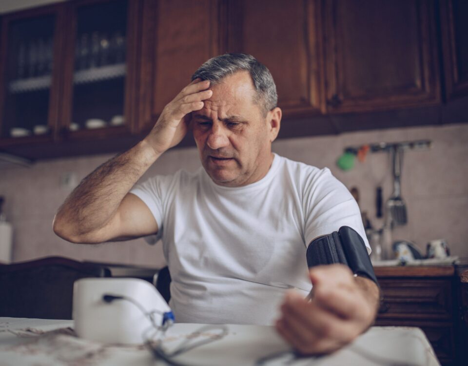 Man taking blood pressure with a hand on his head