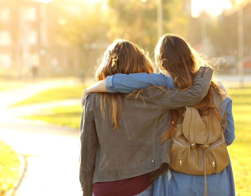 Affectionate friends walking at sunset in a park